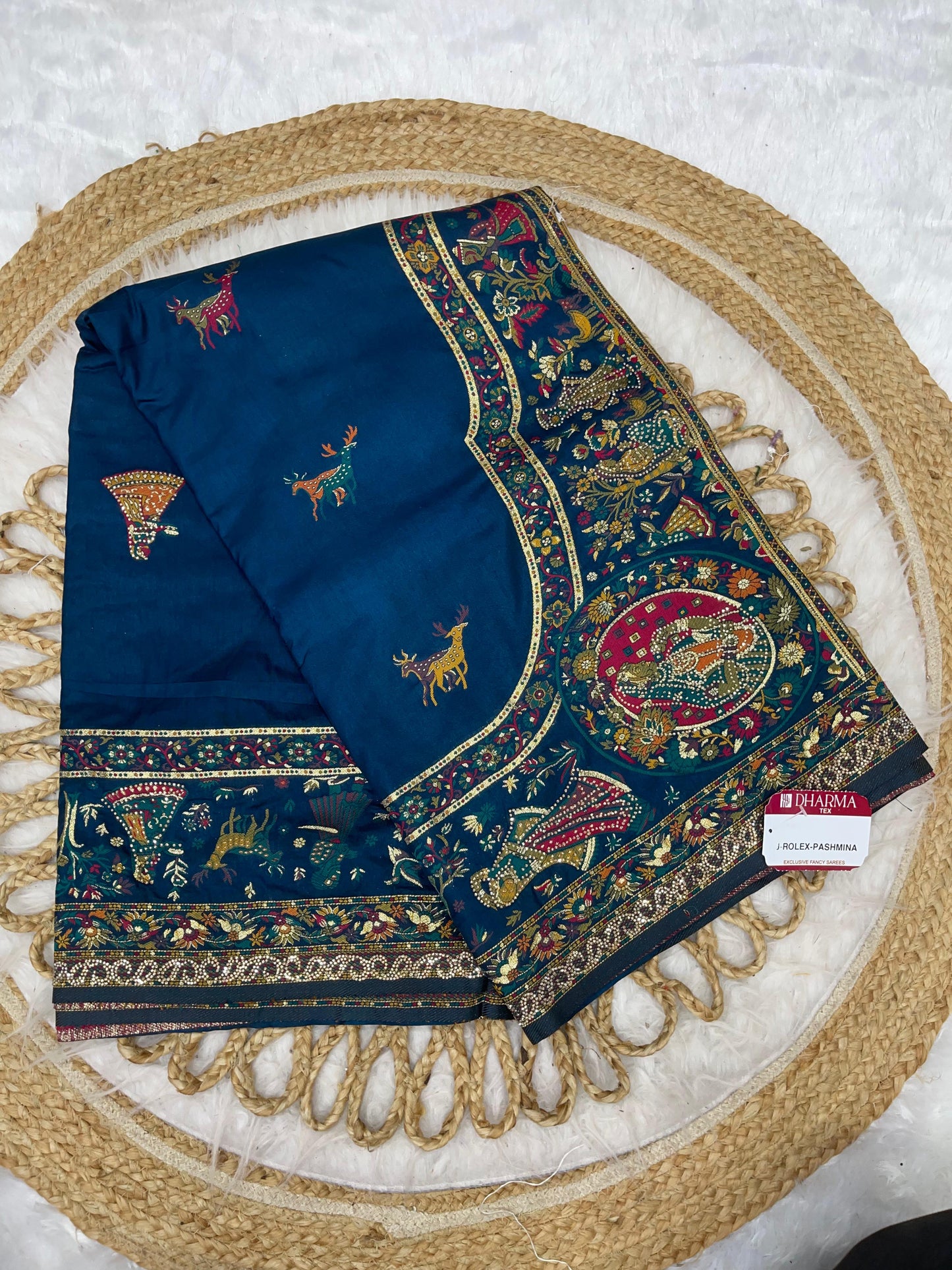 AJ-ROLEX-PASHMINA PASHMINA DIABLE SILK WITH HEAVY DESIGN WITH RICH PALLU AND TISSUE HEAVINESS WITH JARKAN WORK ALL OVER WITH LUXURY TASSELS