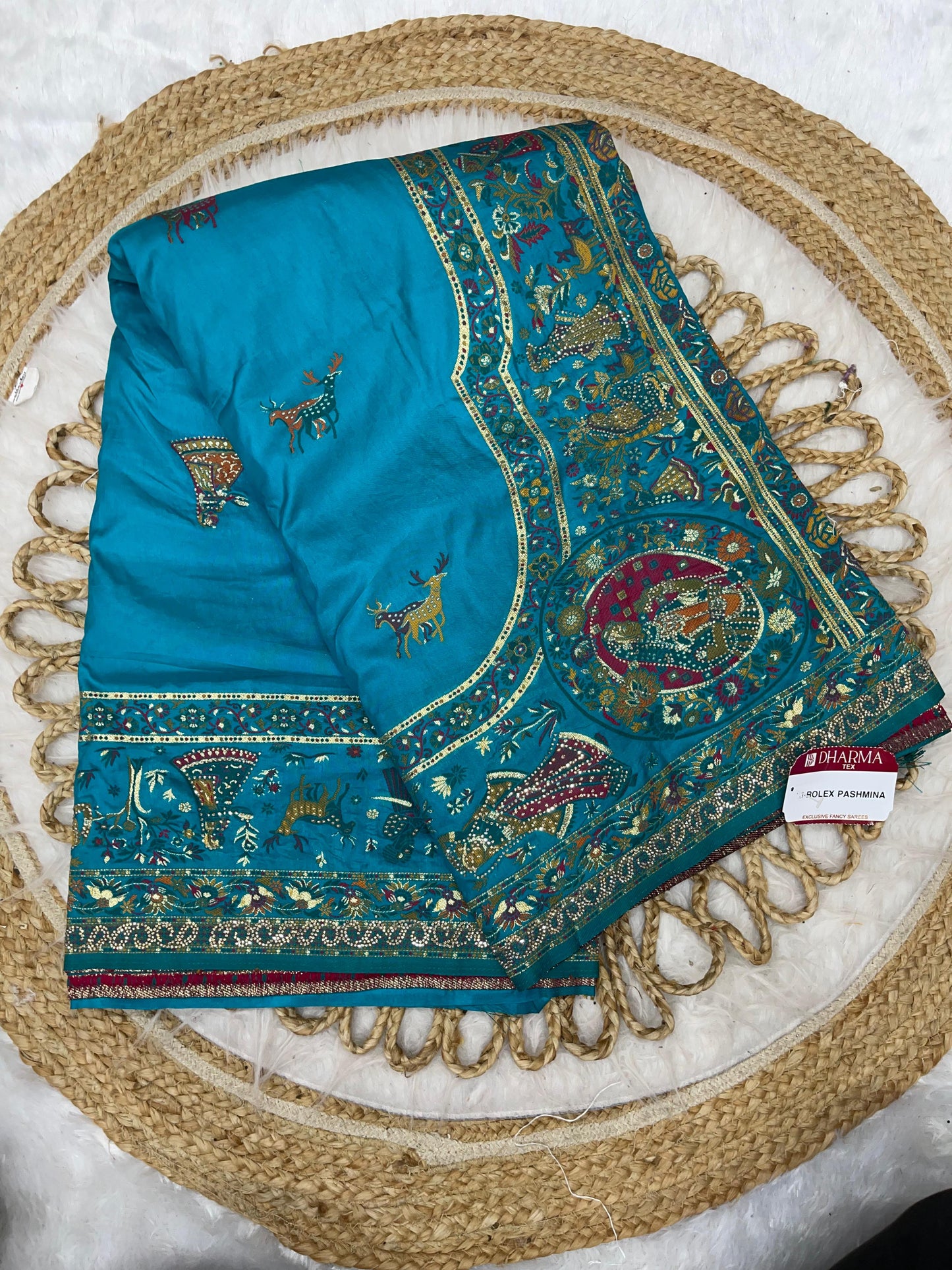 AJ-ROLEX-PASHMINA PASHMINA DIABLE SILK WITH HEAVY DESIGN WITH RICH PALLU AND TISSUE HEAVINESS WITH JARKAN WORK ALL OVER WITH LUXURY TASSELS