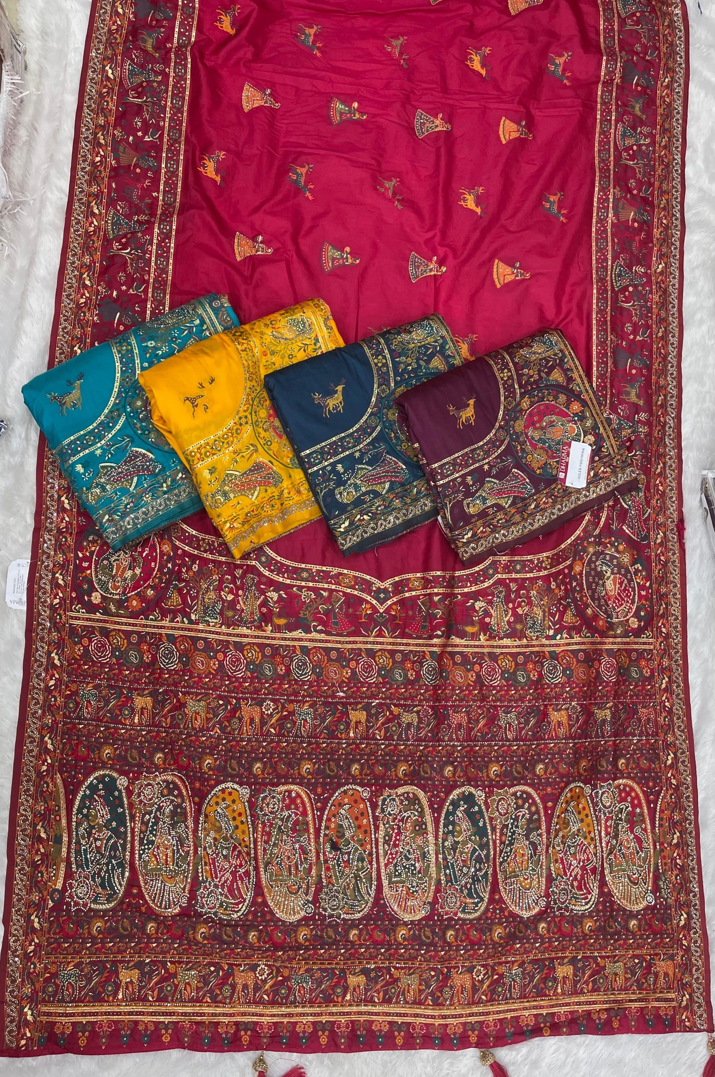 AJ-ROLEX-PASHMINA PASHMINA DIABLE SILK WITH HEAVY DESIGN WITH RICH PALLU AND TISSUE HEAVINESS WITH JARKAN WORK ALL OVER WITH LUXURY TASSELS