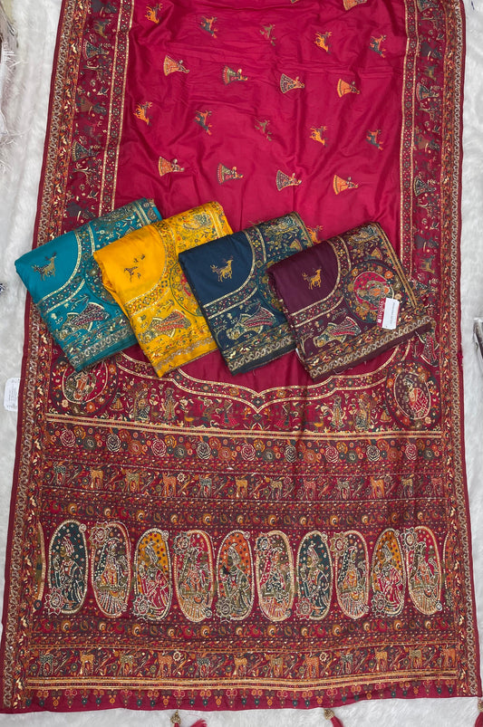 AJ-ROLEX-PASHMINA PASHMINA DIABLE SILK WITH HEAVY DESIGN WITH RICH PALLU AND TISSUE HEAVINESS WITH JARKAN WORK ALL OVER WITH LUXURY TASSELS