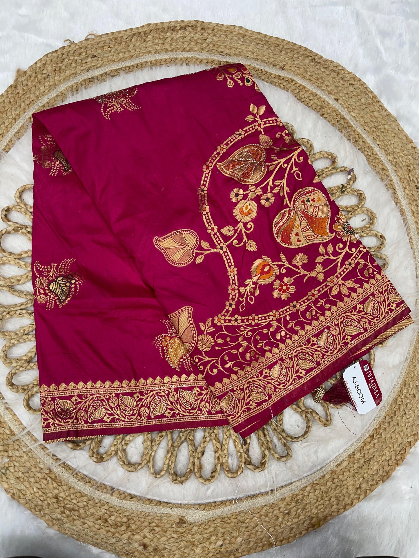 AJ-BOOM DOLA DIABLE SILK WITH HEAVY DESIGN WITH OPEN  PALLU AND DMC WORK ALL OVER WITH LUXURY TASSELS