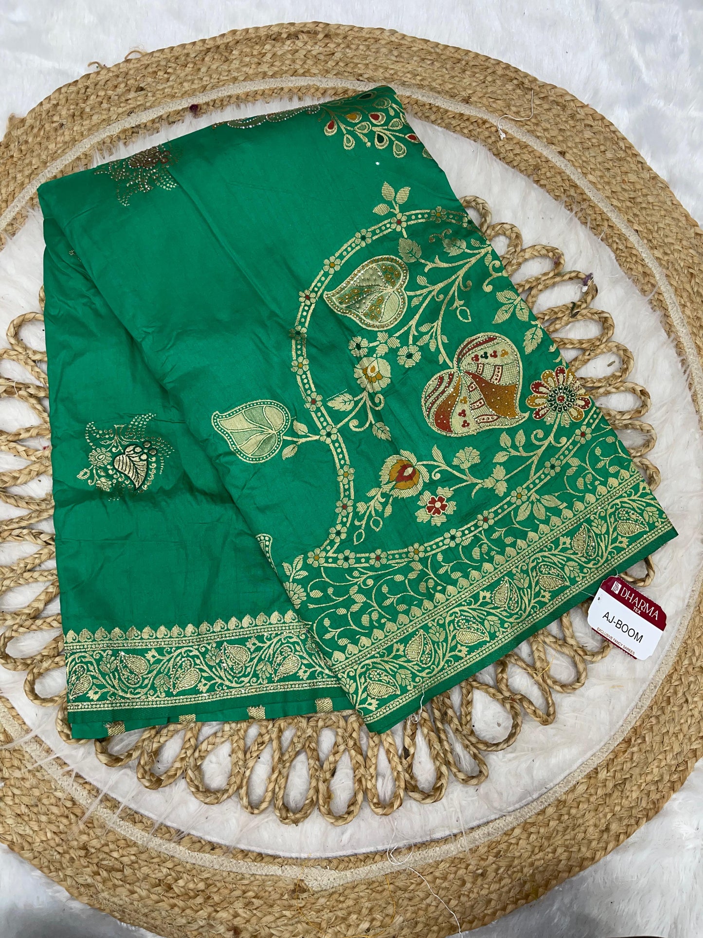 AJ-BOOM DOLA DIABLE SILK WITH HEAVY DESIGN WITH OPEN  PALLU AND DMC WORK ALL OVER WITH LUXURY TASSELS