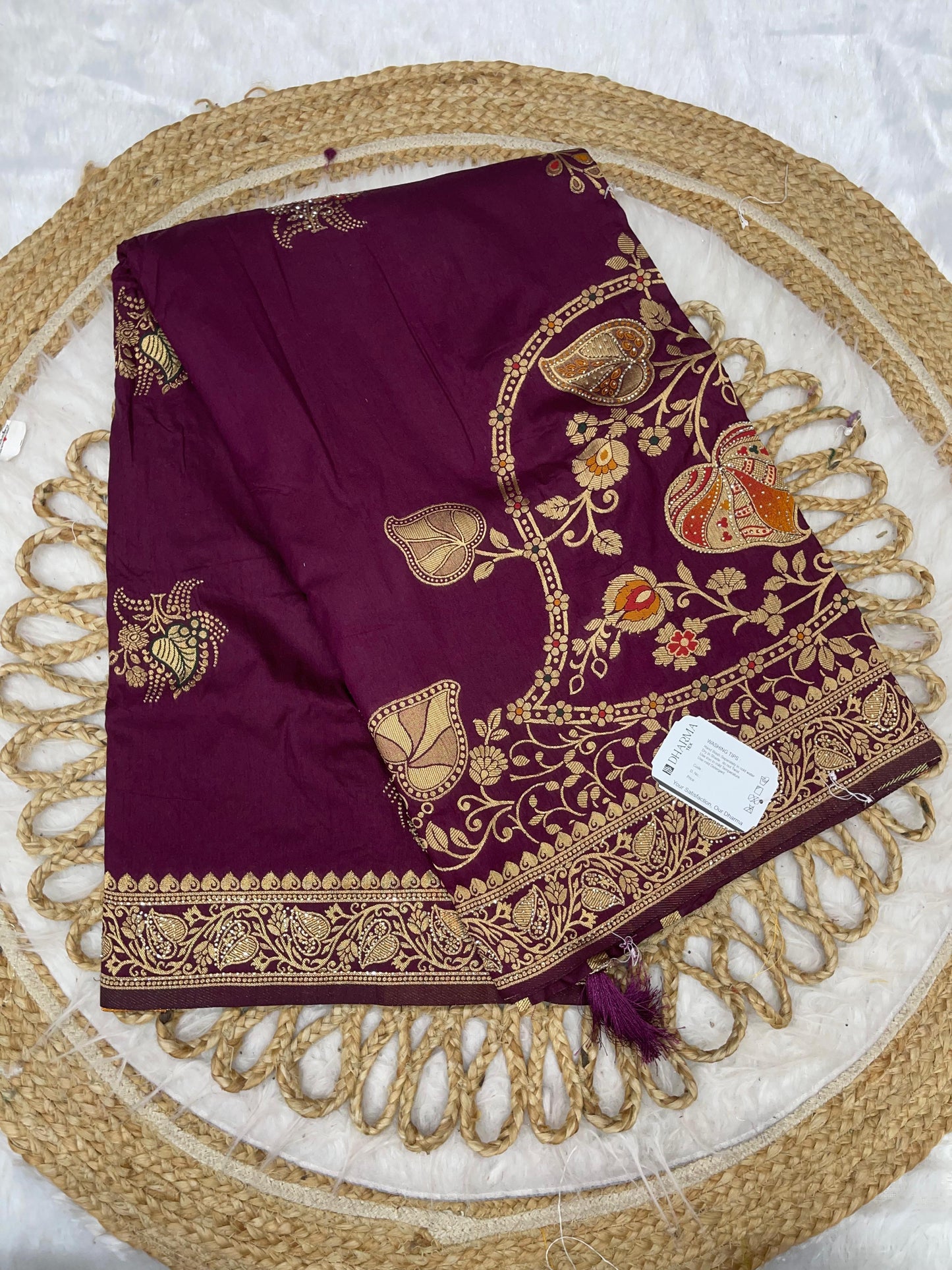 AJ-BOOM DOLA DIABLE SILK WITH HEAVY DESIGN WITH OPEN  PALLU AND DMC WORK ALL OVER WITH LUXURY TASSELS