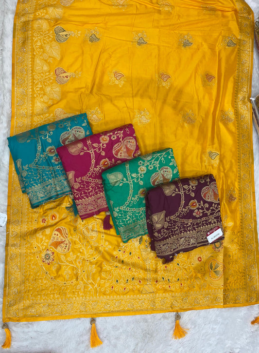 AJ-BOOM DOLA DIABLE SILK WITH HEAVY DESIGN WITH OPEN  PALLU AND DMC WORK ALL OVER WITH LUXURY TASSELS