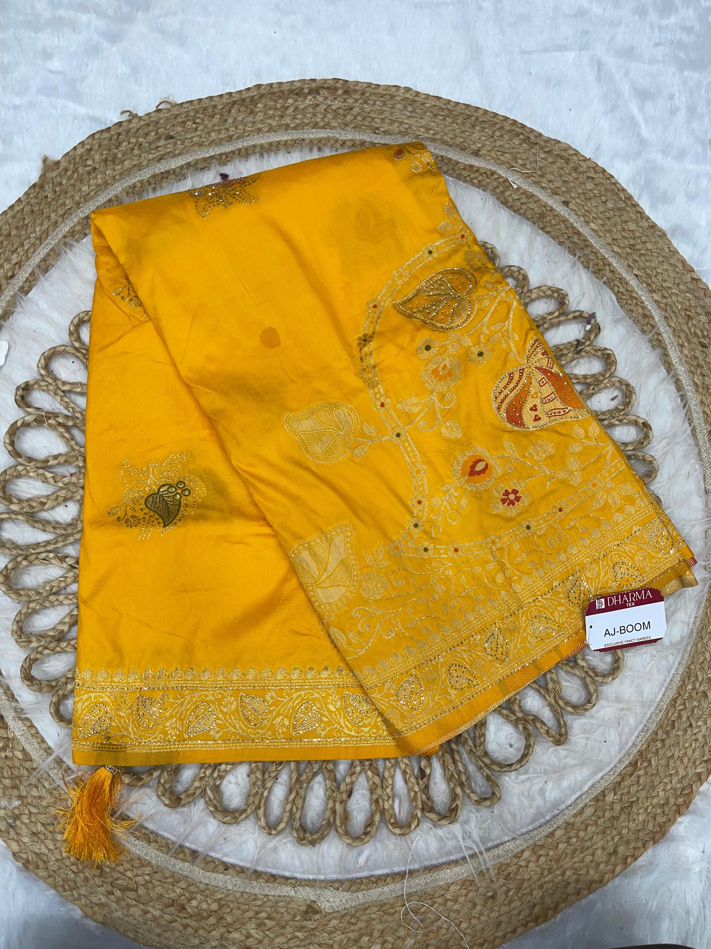 AJ-BOOM DOLA DIABLE SILK WITH HEAVY DESIGN WITH OPEN  PALLU AND DMC WORK ALL OVER WITH LUXURY TASSELS