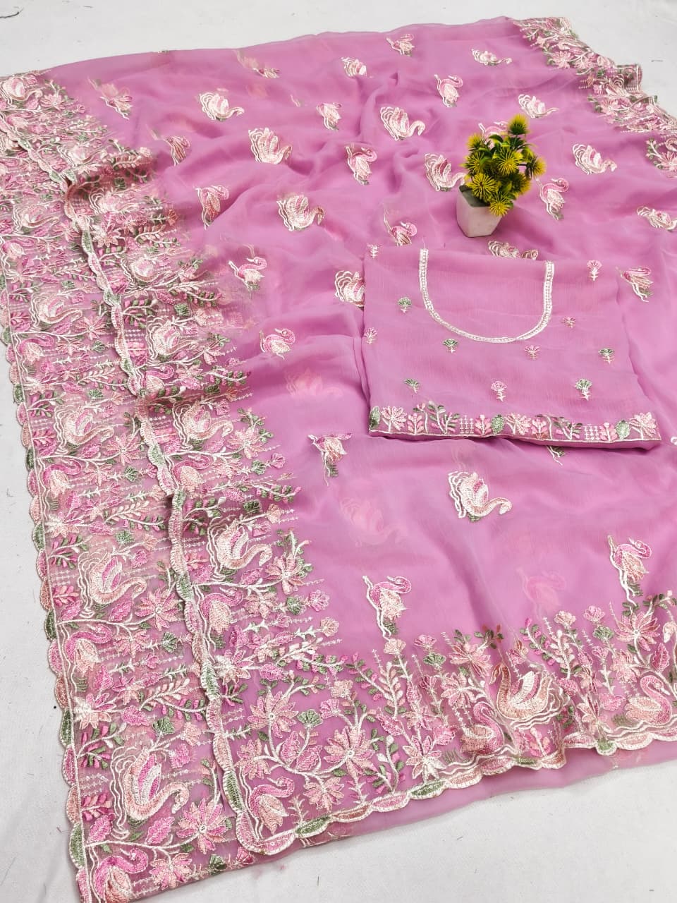 BS-SUJANGARH VARI CHIFFON SAREE WITH BEAUTIFUL THREAD WORK WITH BEAUTIFUL SWAN DESIGN