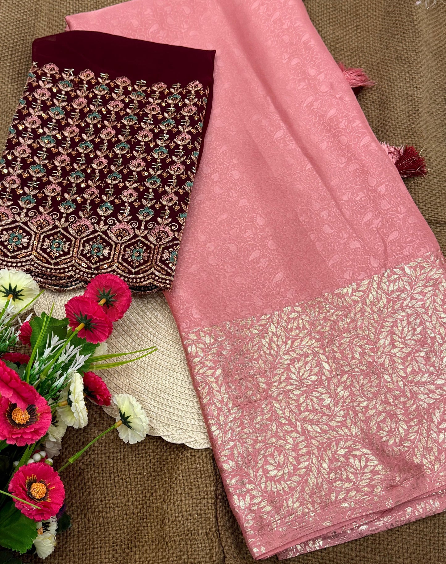 NN-2061 Star Georgette fabric with c-pallu work desgin with Contrast rich embroidary heavy work blouse