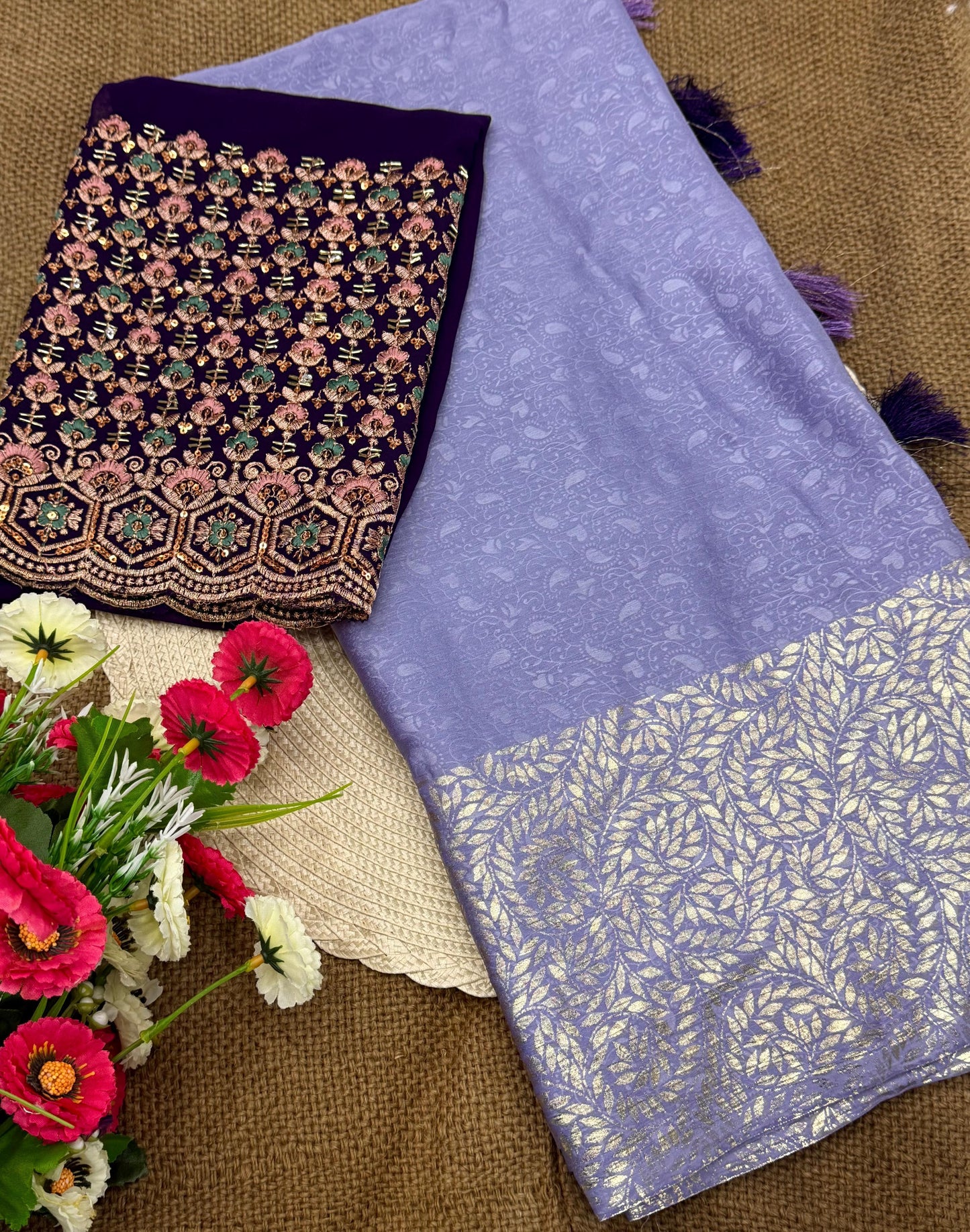 NN-2061 Star Georgette fabric with c-pallu work desgin with Contrast rich embroidary heavy work blouse