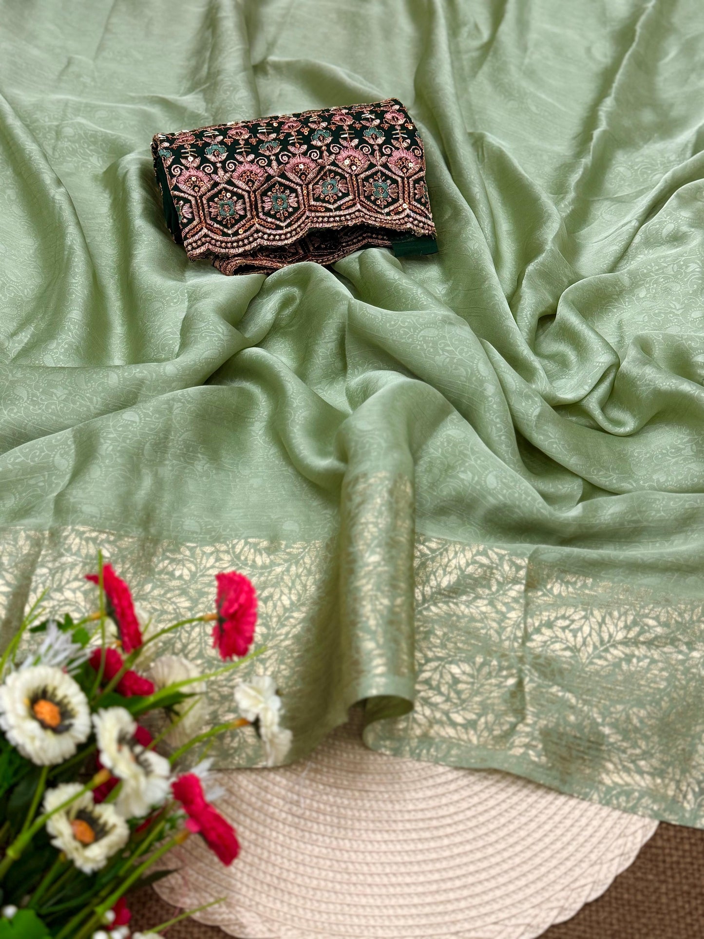 NN-2061 Star Georgette fabric with c-pallu work desgin with Contrast rich embroidary heavy work blouse