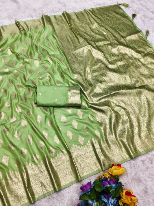 AJ-KATHAK-KALI SOFT 50/600 SILK WITH BANARASI JAREE WITH BEAUTIFUL LIGHT MATCHING ELEGANT DESIGN WITH TASSELS ATTACHED