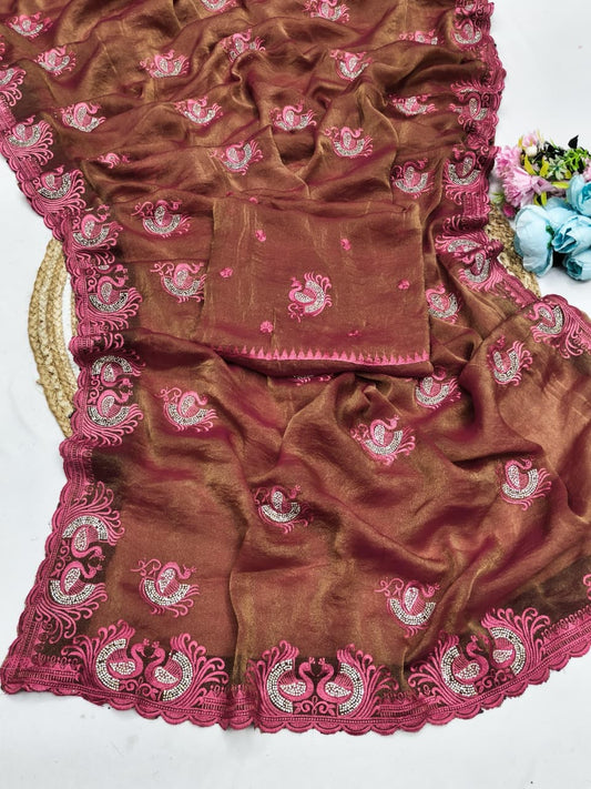 DF-DOUBLE-PEACOCK NC MOSS SAREE WITH BEAUTIFUL THREAD WORK WITH JARKAN WORK AND HEAVY BLOUSE