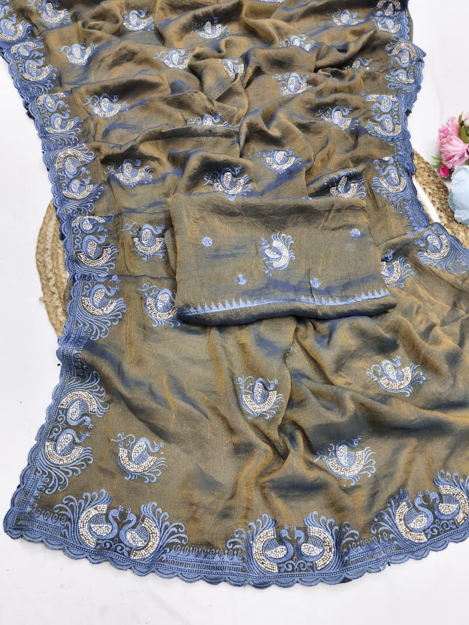 DF-DOUBLE-PEACOCK NC MOSS SAREE WITH BEAUTIFUL THREAD WORK WITH JARKAN WORK AND HEAVY BLOUSE