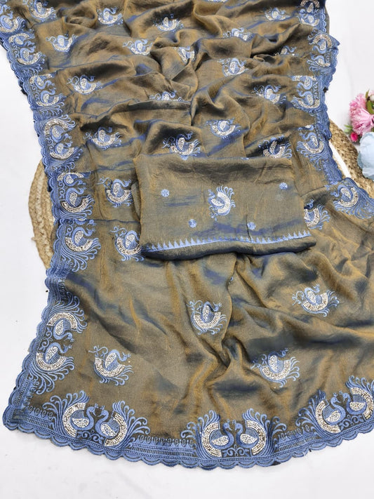 DF-DOUBLE-PEACOCK NC MOSS SAREE WITH BEAUTIFUL THREAD WORK WITH JARKAN WORK AND HEAVY BLOUSE