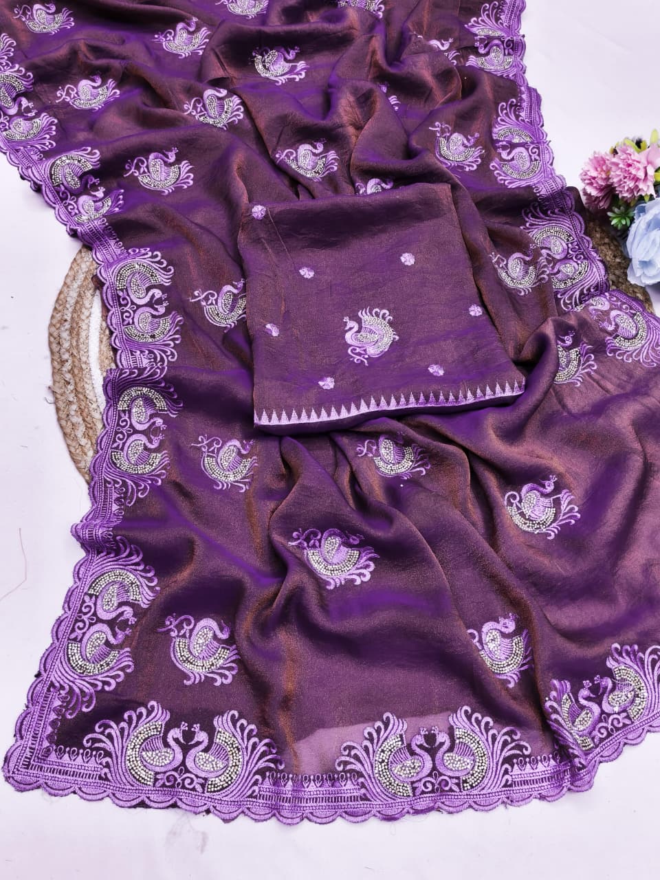 DF-DOUBLE-PEACOCK NC MOSS SAREE WITH BEAUTIFUL THREAD WORK WITH JARKAN WORK AND HEAVY BLOUSE