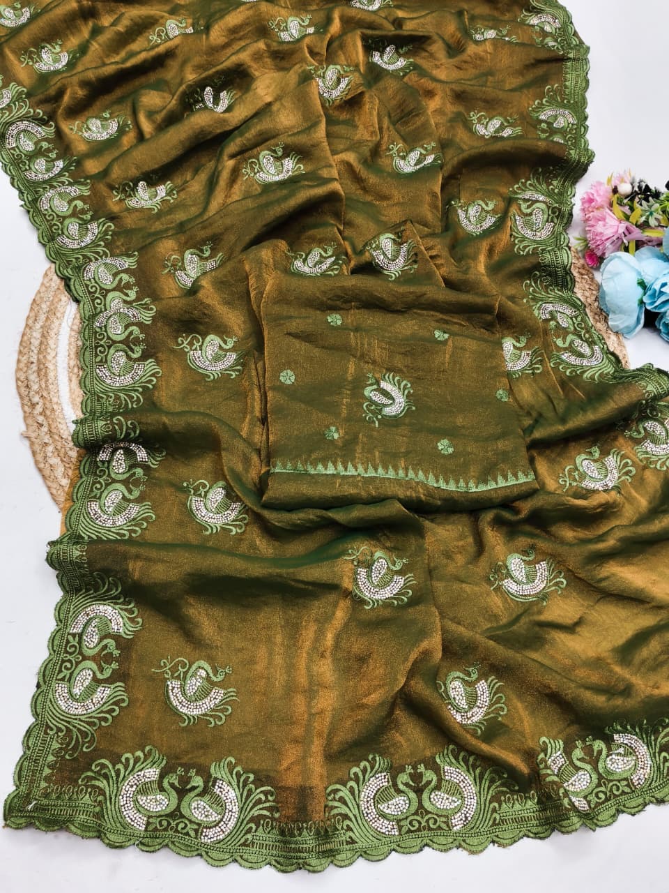 DF-DOUBLE-PEACOCK NC MOSS SAREE WITH BEAUTIFUL THREAD WORK WITH JARKAN WORK AND HEAVY BLOUSE