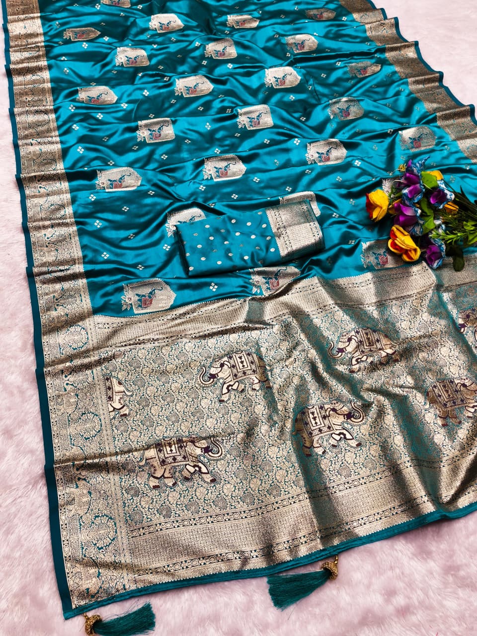 AJ-SATIN-GAJRAJ SATIN SILK SAREE WITH HEAVY RICH PALLU GARAJ DESIGN WITH WITH GARAJ ON BODY WITH SUPER CYC CATONIC COLORS 6.50 MTR CUT