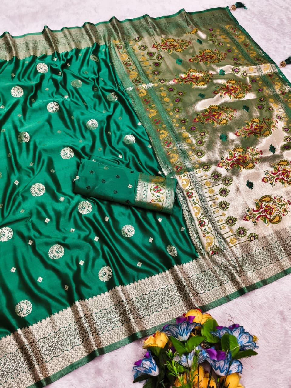 AJ-SATIN-ODISHA PAITHANI SATIN SILK SAREE WITH HEAVY RICH PALLU DESIGN WITH WITH PEACOCK ON BODY WITH SUPER CYC CATONIC COLORS 6.50 MTR CUT