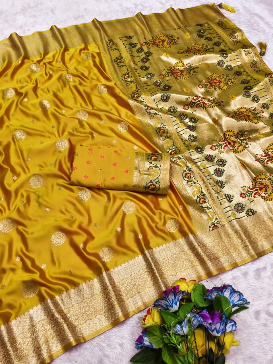 AJ-SATIN-ODISHA PAITHANI SATIN SILK SAREE WITH HEAVY RICH PALLU DESIGN WITH WITH PEACOCK ON BODY WITH SUPER CYC CATONIC COLORS 6.50 MTR CUT