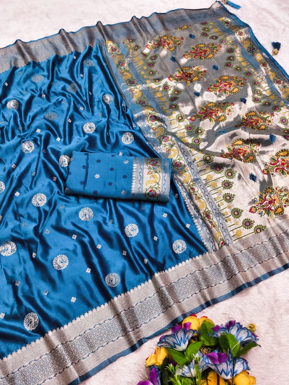 AJ-SATIN-ODISHA PAITHANI SATIN SILK SAREE WITH HEAVY RICH PALLU DESIGN WITH WITH PEACOCK ON BODY WITH SUPER CYC CATONIC COLORS 6.50 MTR CUT