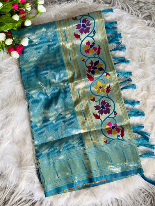 AJ-SYNC Banarasi Paithani Silk Saree Super grand rich pallu with intricate detailing . Elegant zig-zag zari pattern weaving all over the body