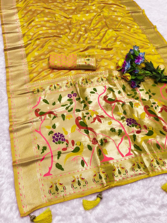 AJ-SATIN-NASHIK-PAITHANI PAITHANI SATIN SILK SAREE WITH BEAUTIFUL PEACOCK DESIGN RICH PALLU WITH CYC CATONIC COLOURS WITH HEAVY TASSELS