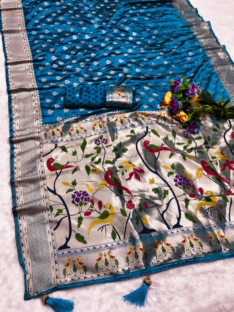 AJ-SATIN-NASHIK-PAITHANI PAITHANI SATIN SILK SAREE WITH BEAUTIFUL PEACOCK DESIGN RICH PALLU WITH CYC CATONIC COLOURS WITH HEAVY TASSELS