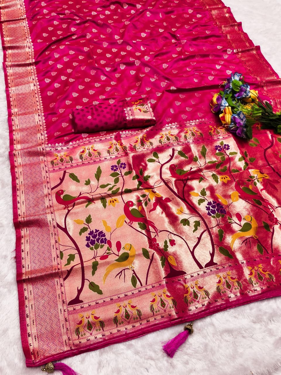 AJ-SATIN-NASHIK-PAITHANI PAITHANI SATIN SILK SAREE WITH BEAUTIFUL PEACOCK DESIGN RICH PALLU WITH CYC CATONIC COLOURS WITH HEAVY TASSELS