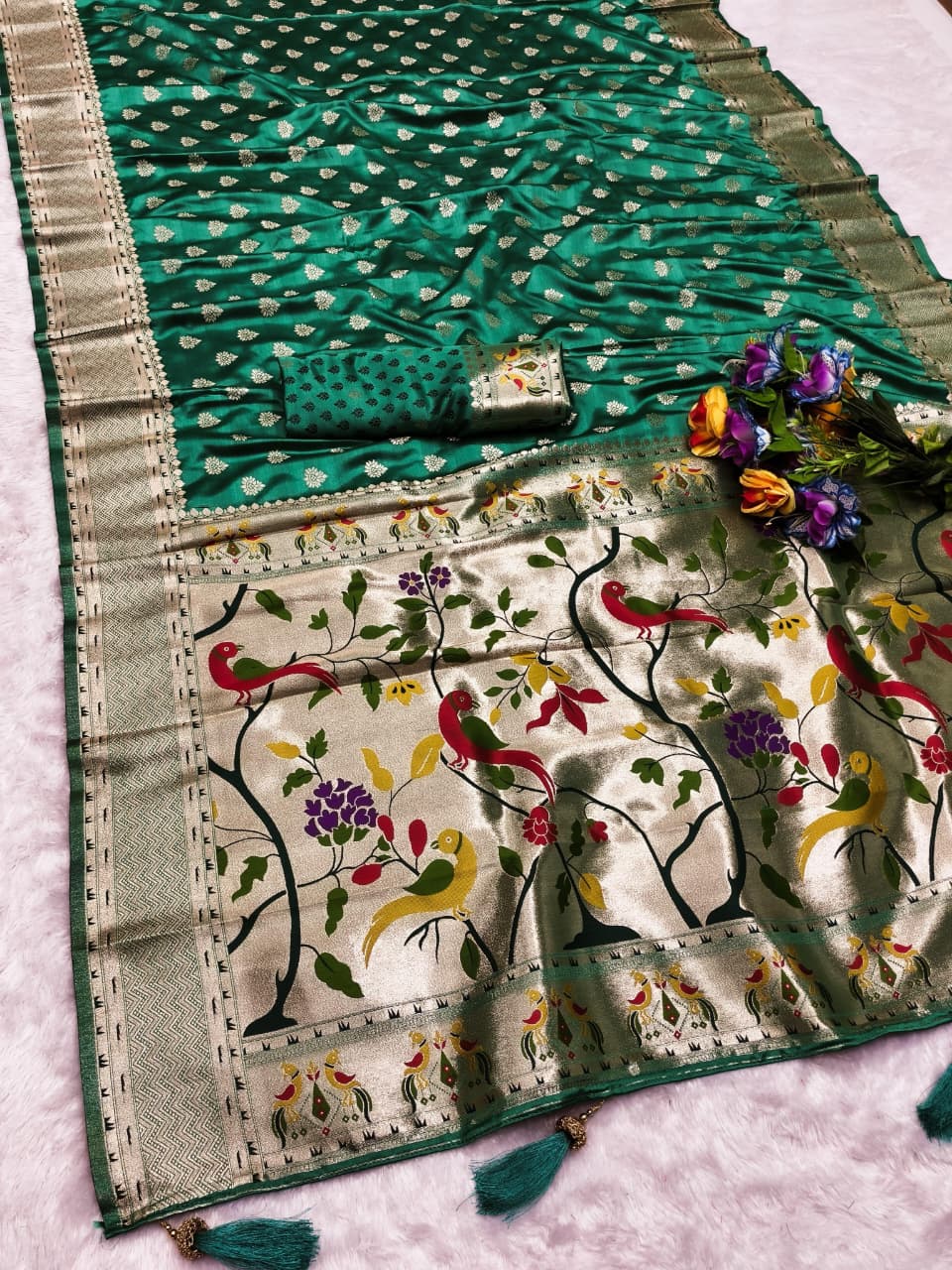 AJ-SATIN-NASHIK-PAITHANI PAITHANI SATIN SILK SAREE WITH BEAUTIFUL PEACOCK DESIGN RICH PALLU WITH CYC CATONIC COLOURS WITH HEAVY TASSELS