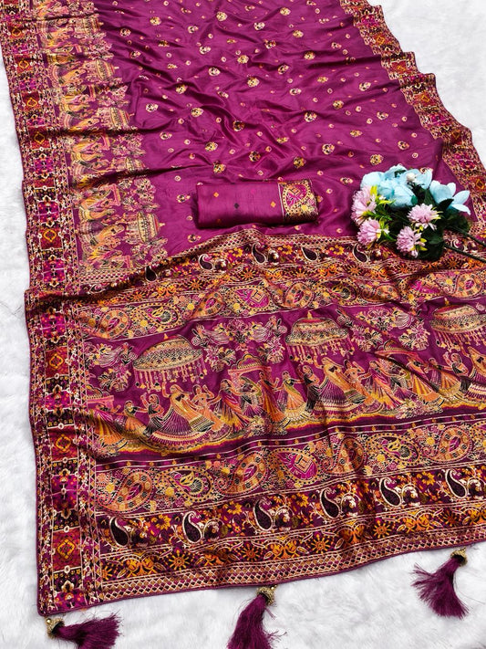 AJ-PASHMINA-BARAAT PASHMINA DOLA SILK SAREE WITH RICH PALLU TRADITIONAL WEAVING DESIGN WITH BEAUTIFUL PATLI DESIGN WITH  HEAVY TASSELS AND DORI PIPING BORDER