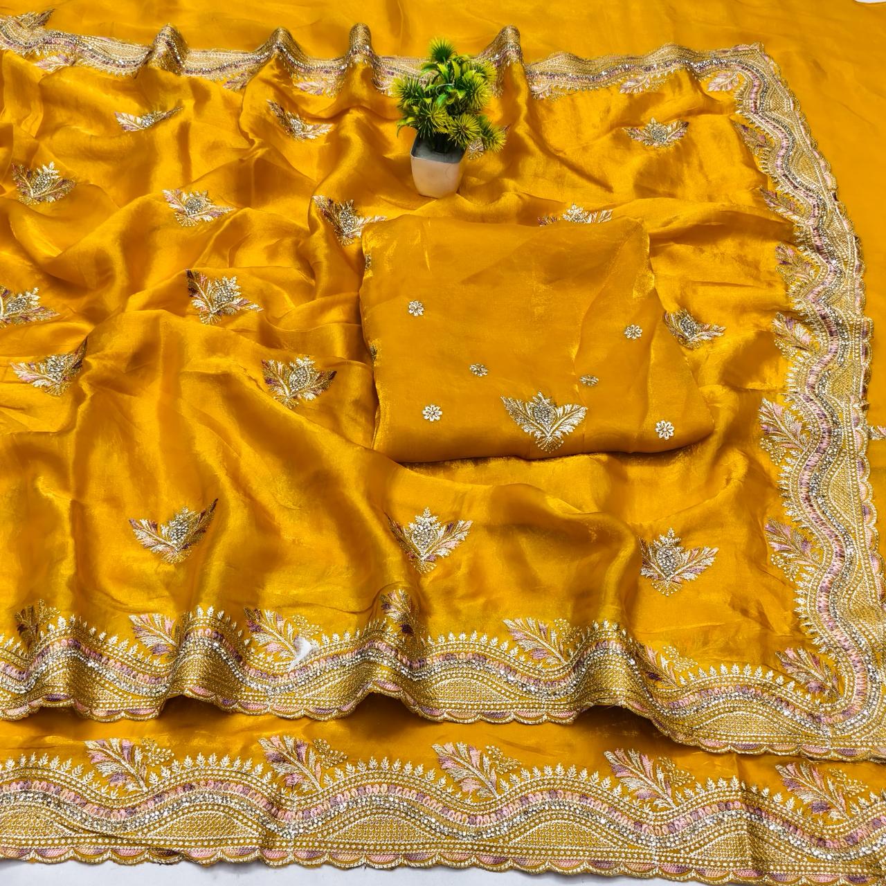 DF-CITY-TOP SATIN CHIFFON SAREE WITH BEAUTIFUL EMBROIDERY WORK WITH THREAD WORK AND HEAVY BLOUSE