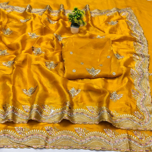 DF-CITY-TOP SATIN CHIFFON SAREE WITH BEAUTIFUL EMBROIDERY WORK WITH THREAD WORK AND HEAVY BLOUSE