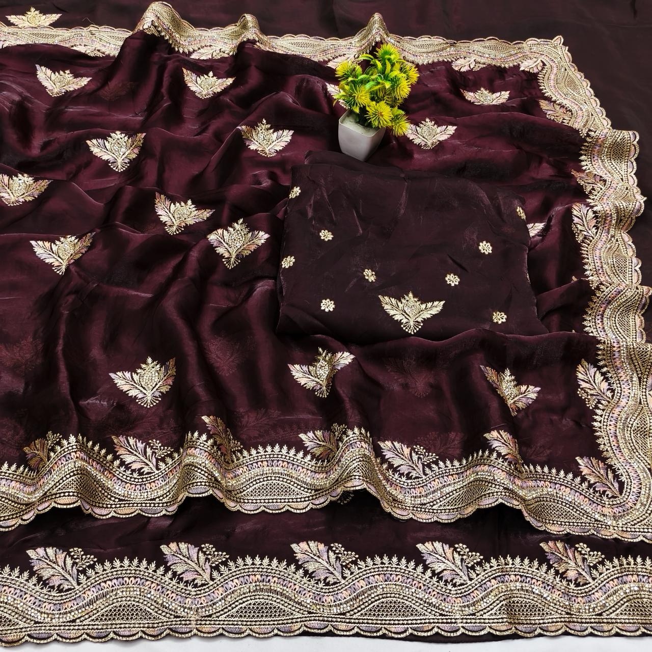 DF-CITY-TOP SATIN CHIFFON SAREE WITH BEAUTIFUL EMBROIDERY WORK WITH THREAD WORK AND HEAVY BLOUSE
