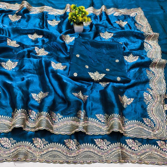 DF-CITY-TOP SATIN CHIFFON SAREE WITH BEAUTIFUL EMBROIDERY WORK WITH THREAD WORK AND HEAVY BLOUSE