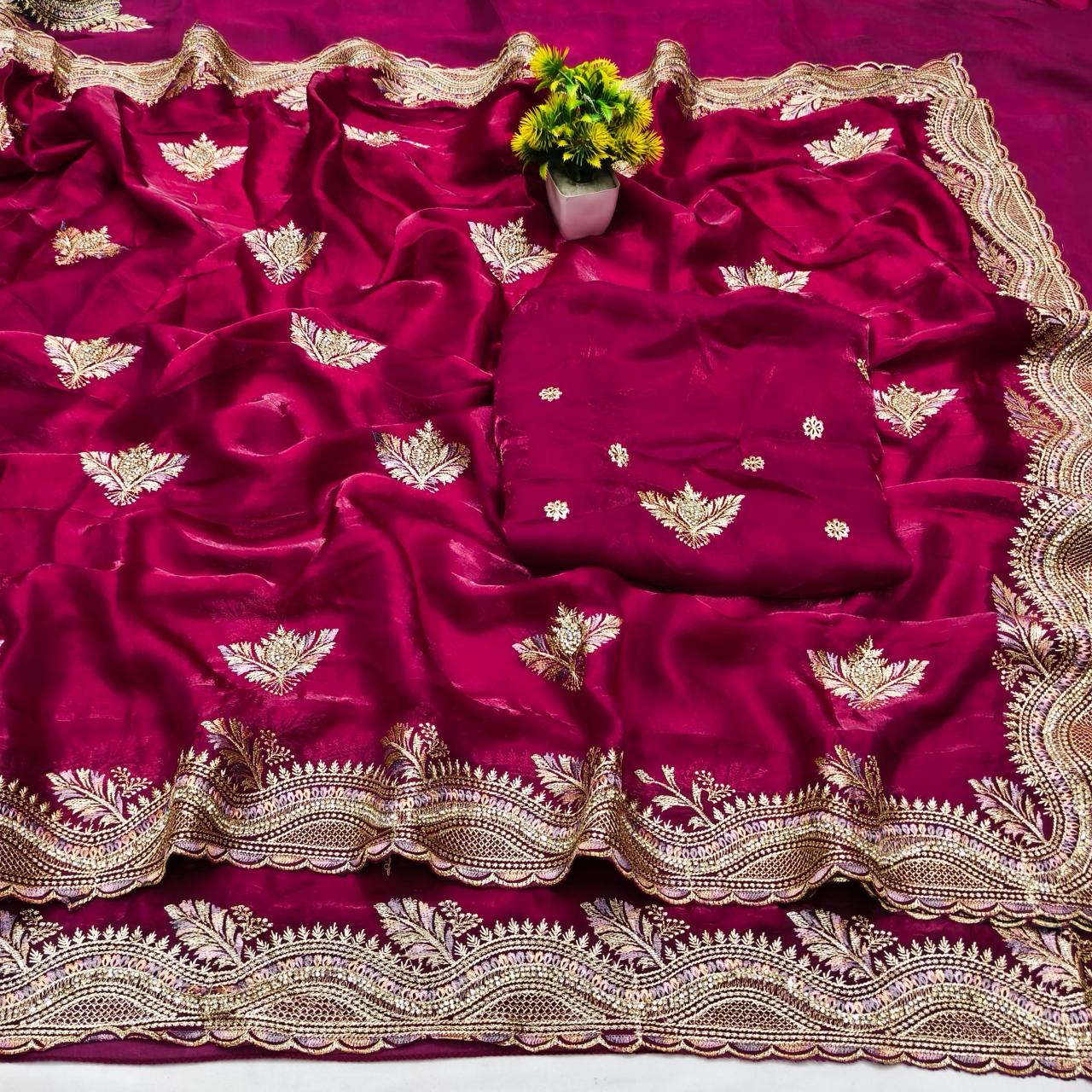 DF-CITY-TOP SATIN CHIFFON SAREE WITH BEAUTIFUL EMBROIDERY WORK WITH THREAD WORK AND HEAVY BLOUSE