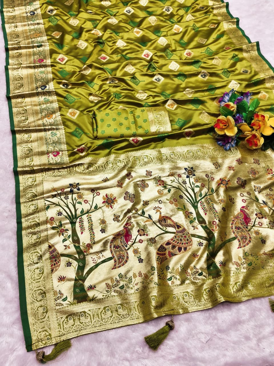 AJ-SATIN-QUALITY SATIN FABRIC SAREE WITH BEAUTIFULLY CRAFTED WITH THREAD AND EMBORIDERY WORK WITH WONDERFUL COLOURMATCHING ABSOLUTE MASTERPIECE