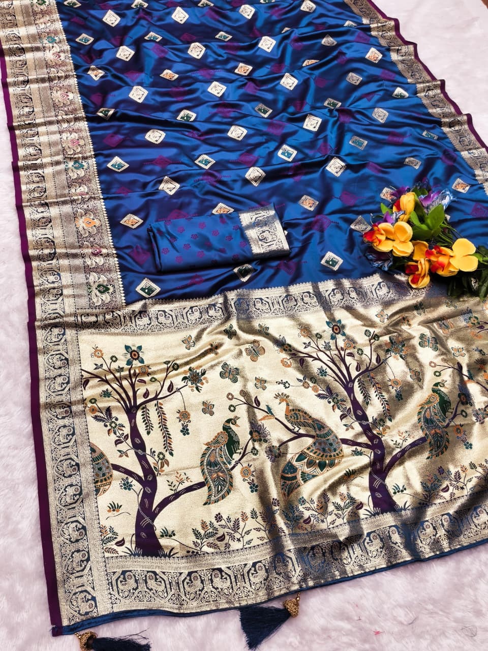 AJ-SATIN-QUALITY SATIN FABRIC SAREE WITH BEAUTIFULLY CRAFTED WITH THREAD AND EMBORIDERY WORK WITH WONDERFUL COLOURMATCHING ABSOLUTE MASTERPIECE