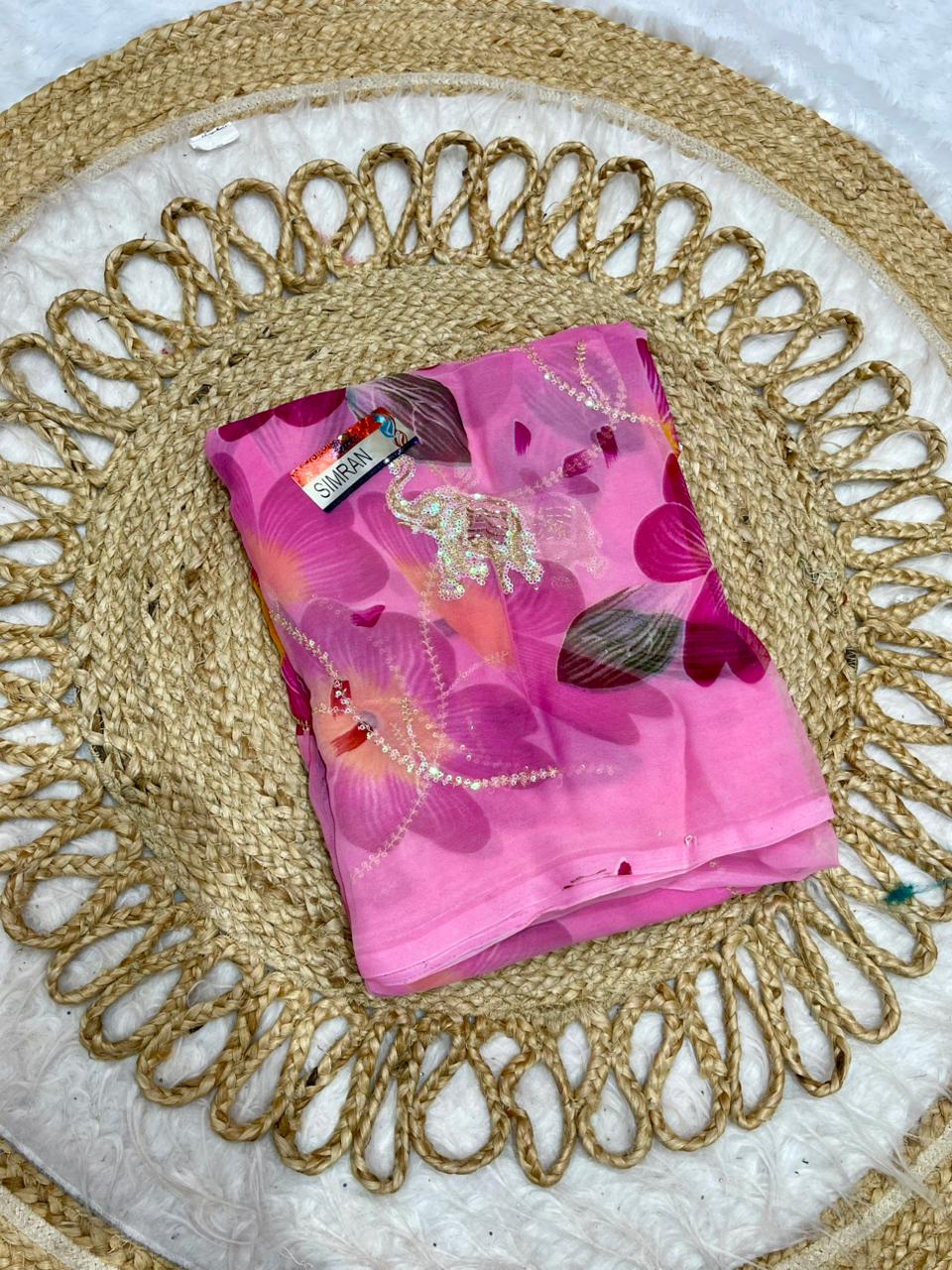 KAS-SIMRAN FANCY PRINTED SAREE WITH HEAVY SEQUENCE WORK GAJRAJ DESIGN