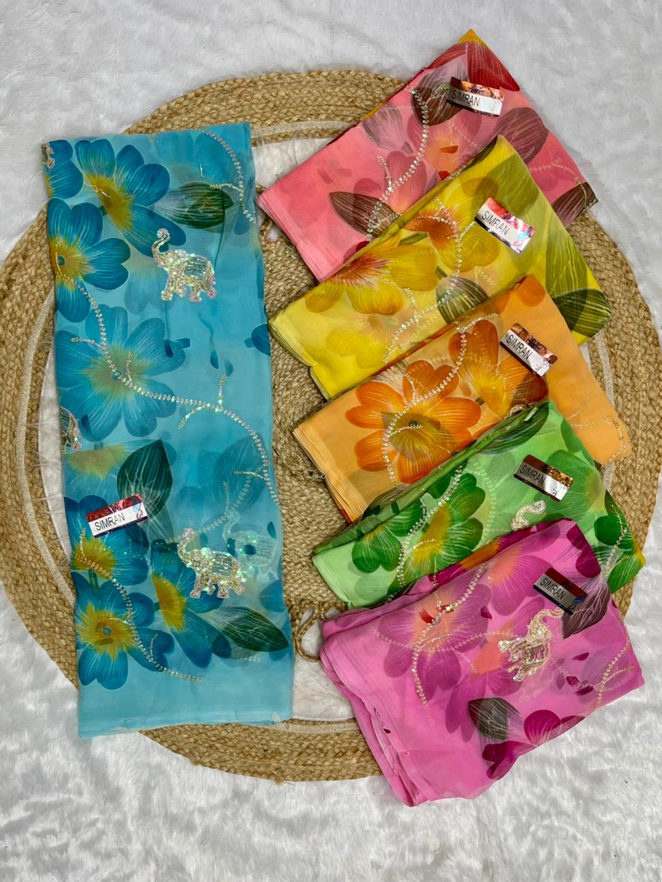KAS-SIMRAN FANCY PRINTED SAREE WITH HEAVY SEQUENCE WORK GAJRAJ DESIGN