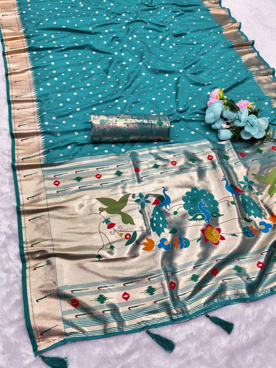 AJ-PUMPUM-PAITHANI PAITHANI SILK SAREE WITH RICH PALLU AND HEAVY BORDER PAITHANI WITH MUNIYA DESIGN BODY WITH BROCADE BLOUSE