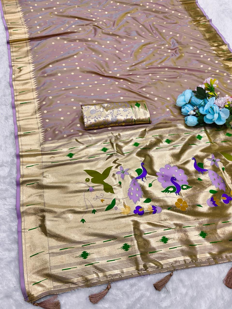 AJ-PUMPUM-PAITHANI PAITHANI SILK SAREE WITH RICH PALLU AND HEAVY BORDER PAITHANI WITH MUNIYA DESIGN BODY WITH BROCADE BLOUSE