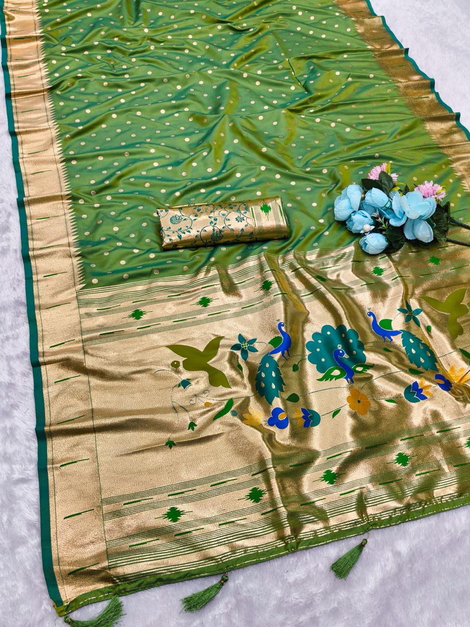 AJ-PUMPUM-PAITHANI PAITHANI SILK SAREE WITH RICH PALLU AND HEAVY BORDER PAITHANI WITH MUNIYA DESIGN BODY WITH BROCADE BLOUSE