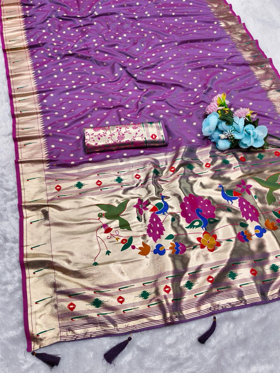 AJ-PUMPUM-PAITHANI PAITHANI SILK SAREE WITH RICH PALLU AND HEAVY BORDER PAITHANI WITH MUNIYA DESIGN BODY WITH BROCADE BLOUSE