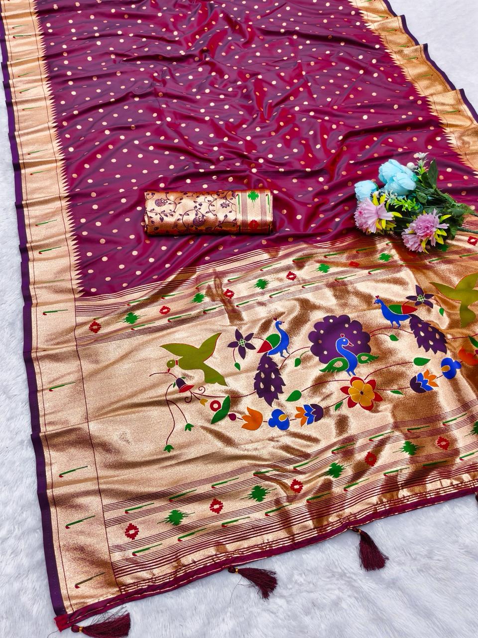 AJ-PUMPUM-PAITHANI PAITHANI SILK SAREE WITH RICH PALLU AND HEAVY BORDER PAITHANI WITH MUNIYA DESIGN BODY WITH BROCADE BLOUSE