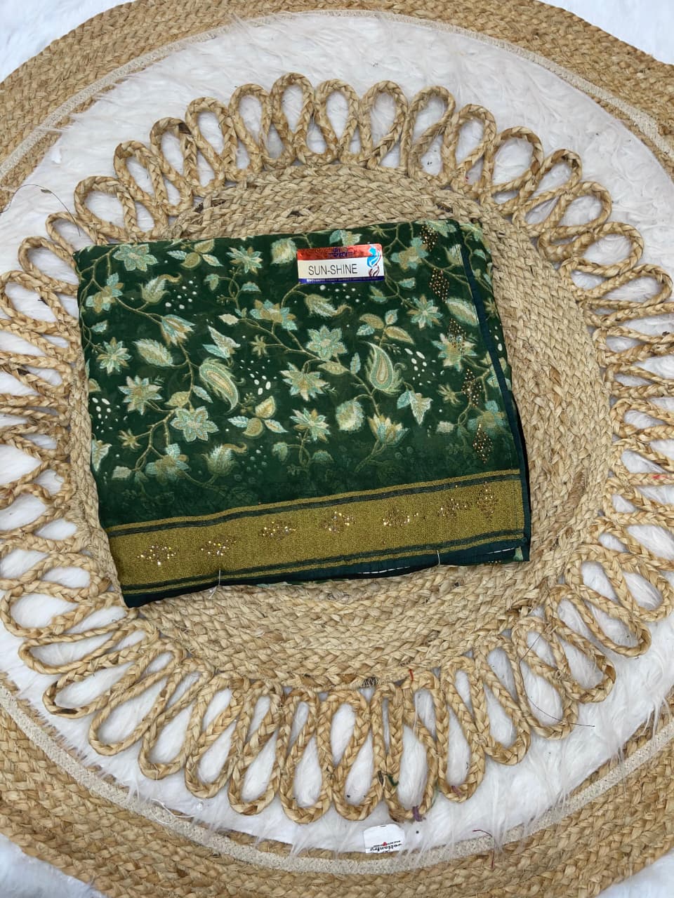 KAS-SUNSHINE FANCY PRINTED SAREE WITH VISCOS PATTA WITH DMC SIROSKI WORK
