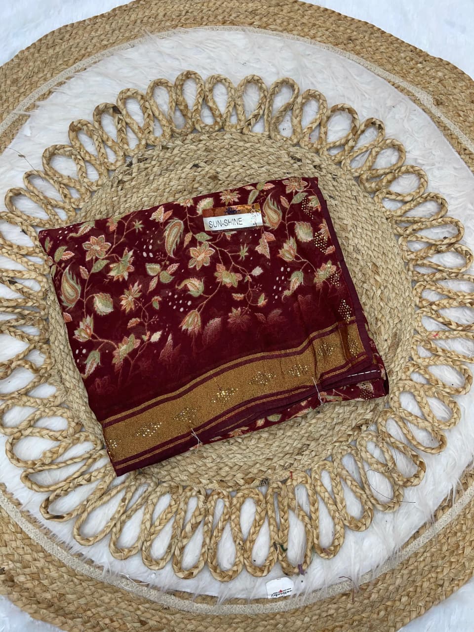 KAS-SUNSHINE FANCY PRINTED SAREE WITH VISCOS PATTA WITH DMC SIROSKI WORK