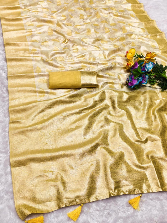 AJ-DASH SOFT SILK WITH BANARASI JAREE WITH BEAUTIFUL LIGHT MATCHING DESIGN  WITH TASSELS ATTACHED