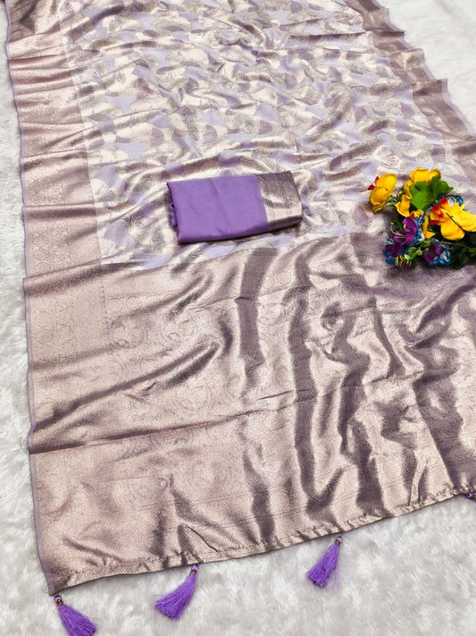 AJ-DASH SOFT SILK WITH BANARASI JAREE WITH BEAUTIFUL LIGHT MATCHING DESIGN  WITH TASSELS ATTACHED