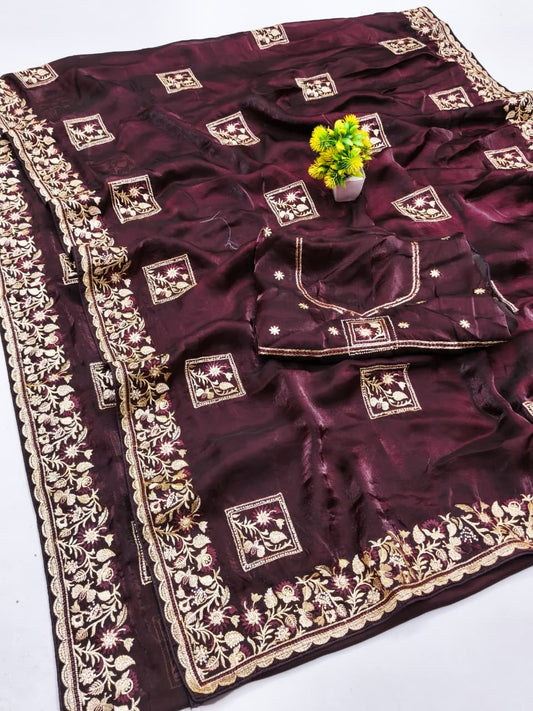 DF-JINAL FENDI SATIN SAREE WITH C PALLU EMBORIDERY WORK WITH BOX BUTTA DESIGN ON BODY WITH THREAD WORK AND HEAVY BLOUSE
