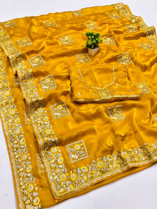 DF-JINAL FENDI SATIN SAREE WITH C PALLU EMBORIDERY WORK WITH BOX BUTTA DESIGN ON BODY WITH THREAD WORK AND HEAVY BLOUSE