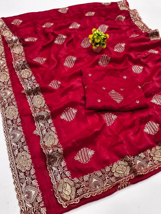 DF-PRATIKSHA FENDI SATIN SAREE WITH C PALLU EMBORIDERY WORK WITH BOX BUTTA DESIGN ON BODY WITH THREAD WORK AND HEAVY BLOUSE